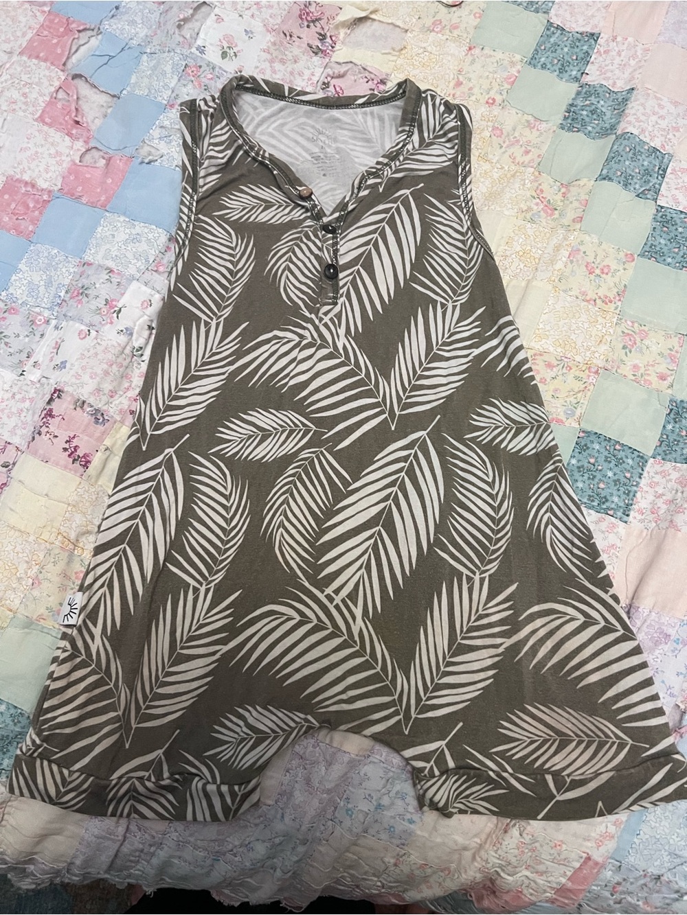 Sleeveless Palm-Print Jumpsuit in Olive and Cream